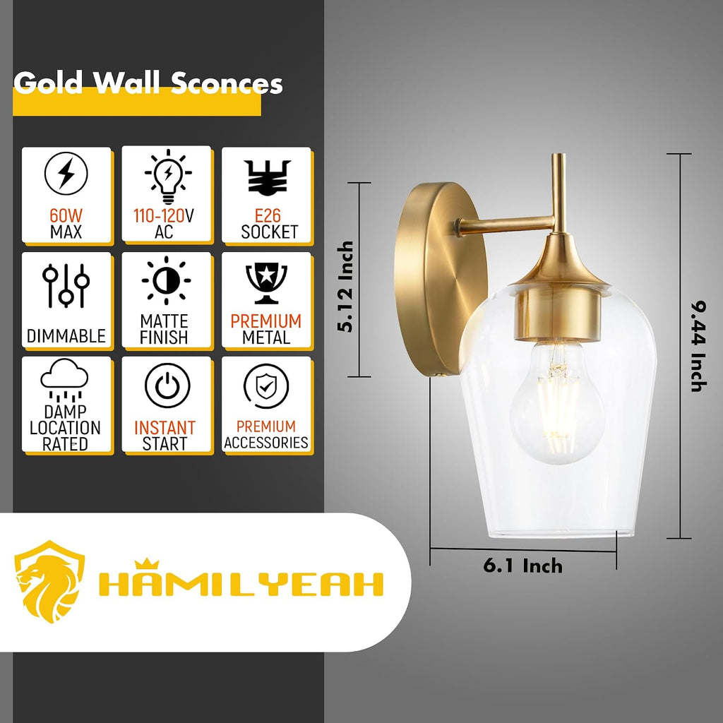 Gold Sconces Wall Lighting Set of 2, Bathroom Wall Lighting Fixtures Brass, Modern and Vintage Wall Lights with Clear