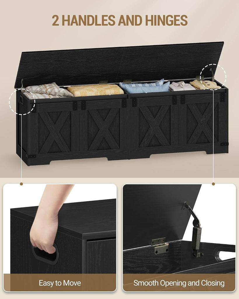 59" Storage Bench, Lift Top, 268L/70 Gal Large Chest | | Rustic Black, Farmhouse, FSC Wood, 330lb, Double Hinges