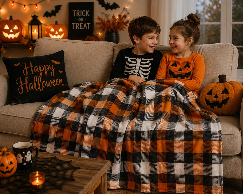 Fall Soft Fleece Throw Blanket, Orange Black White Plaid, 50x70 Oversized