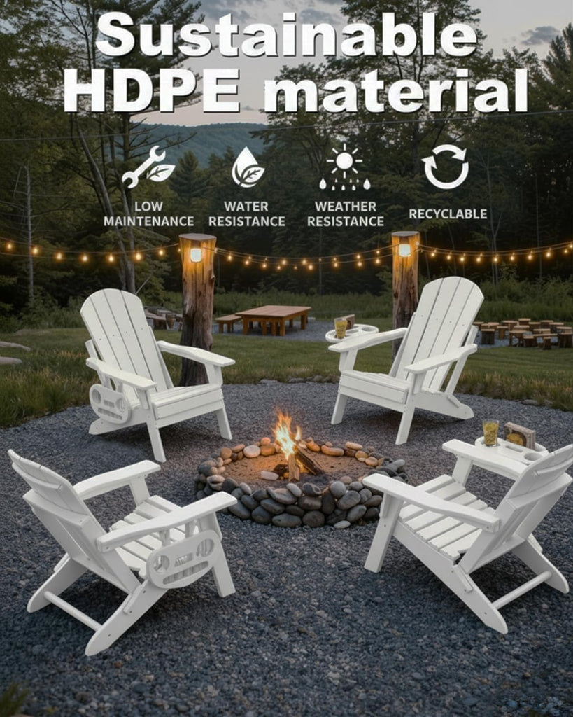 Adjustable Adirondack Chair with Cup Holder, HDPE, White | All-weather HDPE Outdoor Chair with Multifunctional Cup