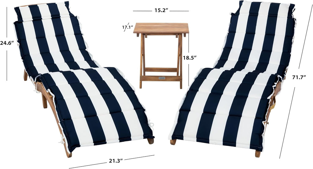 Outdoor Collection Pacifica Natural Brown Solid Wood/Navy & White Stripe Cushion 3-Piece Chaise Lounge Set with Table