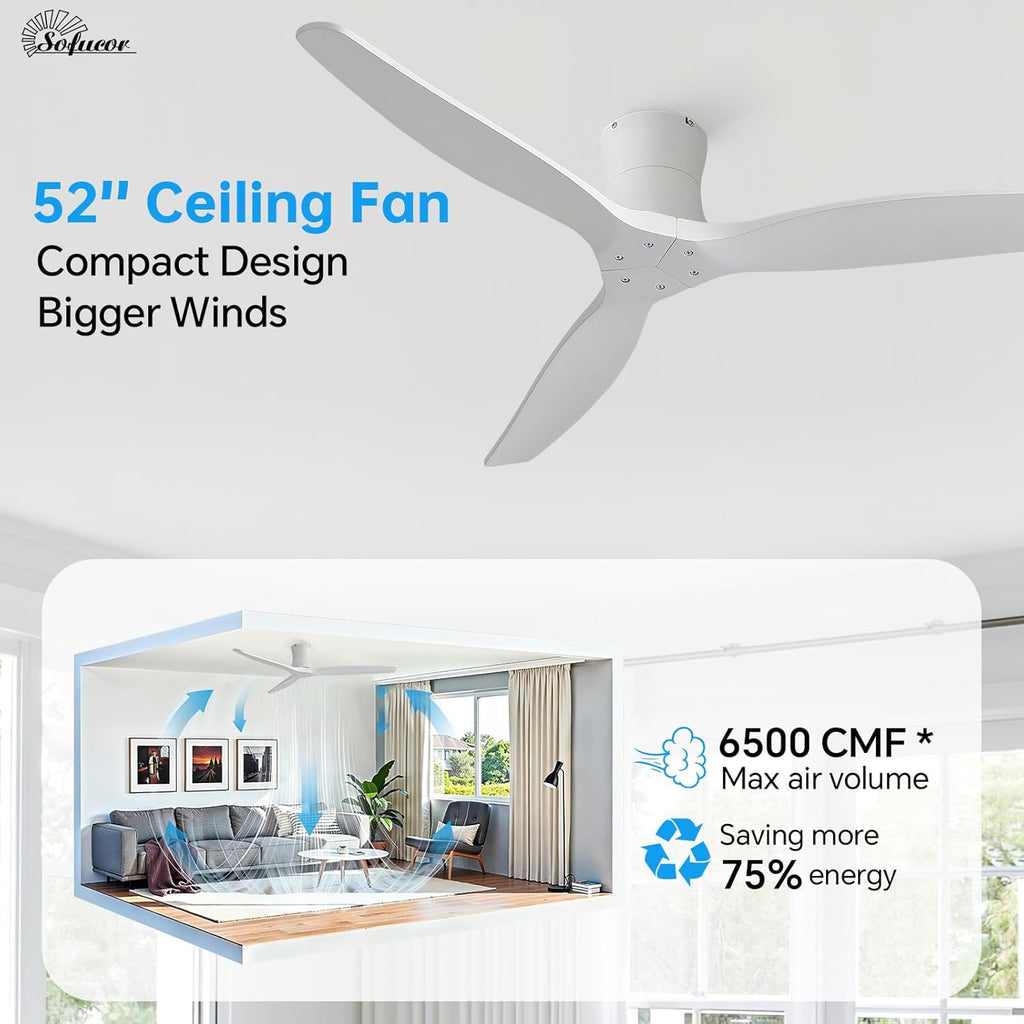 52" Smart Ceiling Fan No Light, Solid Wood Low Profile Ceiling Fan with Remote