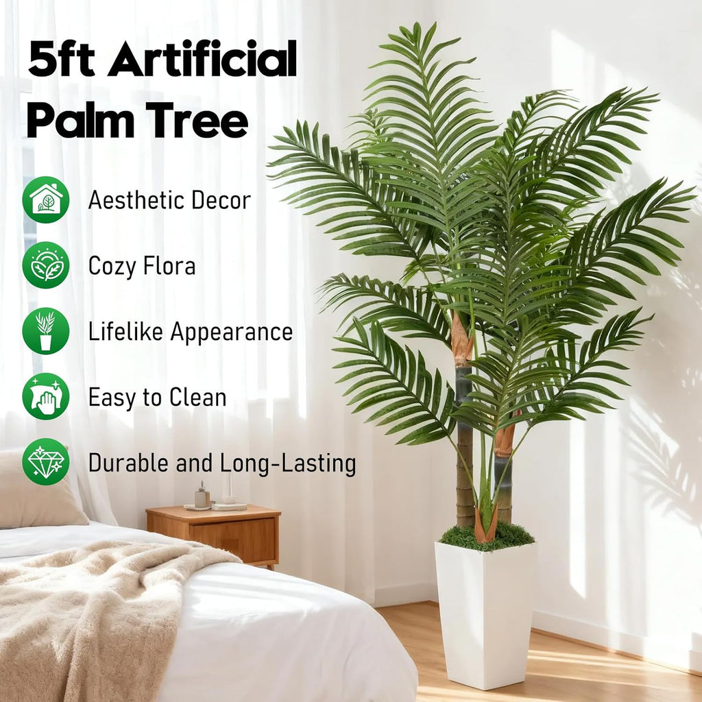 5ft Artificial Palm Tree Indoor Plant,Triple Faux Tropical Areca Floor Plant in Pot,Artificial Plants with Lifelike