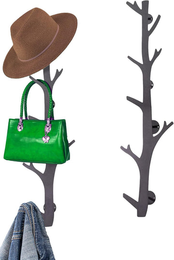 Tree Branch Coat & Hat Rack Wall Mount with 8 Vertical Hooks for Caps, Coats, Purse & More Modern Storage Dog Leash
