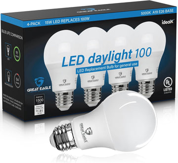 A19 LED Light Bulbs - 100W Equivalent (15W), Daylight 5000K, 1500 Lumens, Non-Dimmable, UL-Listed, Energy-Saving 4-Pack