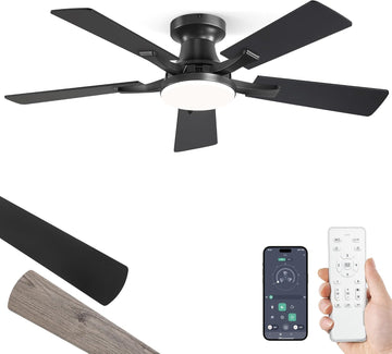 42 Inch Ceiling Fan with Light, App&Remote Control, Flush Mount Low Profile, Dimmable 20W LED Light, Quiet Reversible Motor for Bedroom, Living Room, Apartment, Black