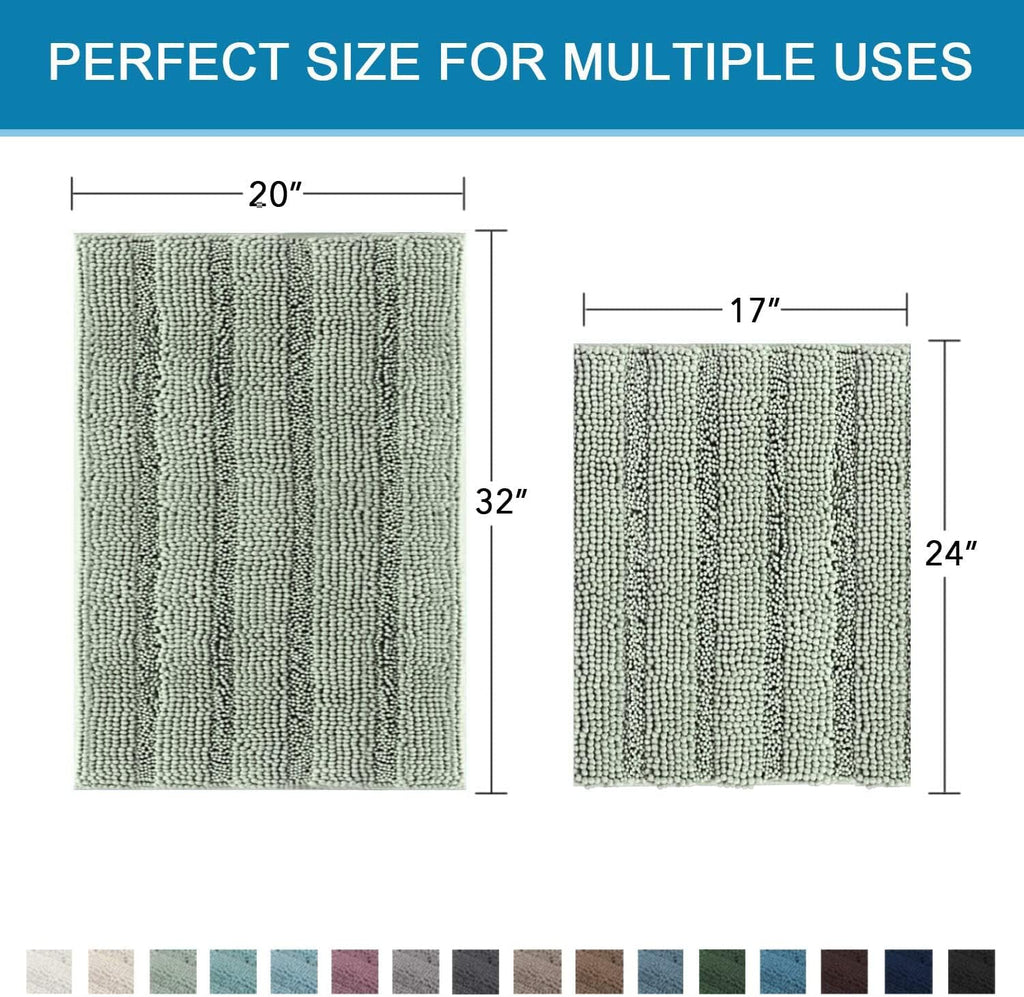 Sage Bathroom Rugs, Bath Mat Set of 2 Extra Thick Chenille Striped Pattern Shaggy Bath Rugs for Bath Room, Non Skid