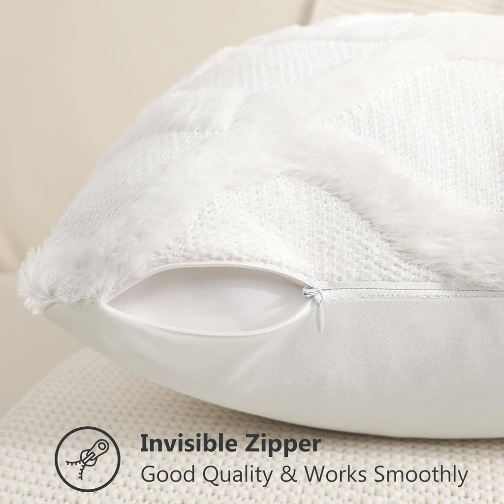 Summer Throw Pillow Covers 18x18 Inch Set of 2, Soft Plush Faux Fur Wool Cream White Accent Couch Pillow Covers for