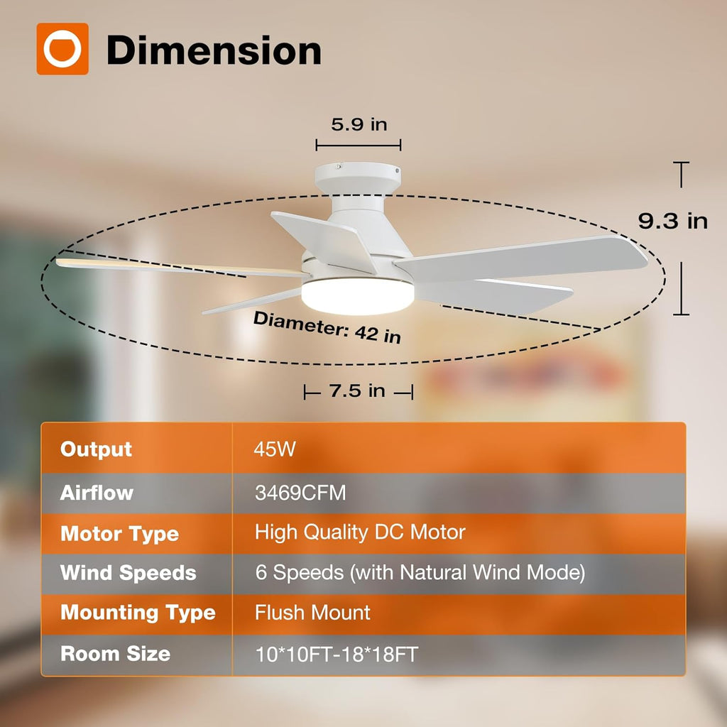 Ceiling Fans with Lights, 42 Inch Low Profile Ceiling Fan with Light And Remote Control, Flush Mount, Reversible, 3CCT, Dimmable, Quiet, White Small Ceiling Fan for Bedroom Indoor/Outdoor Use