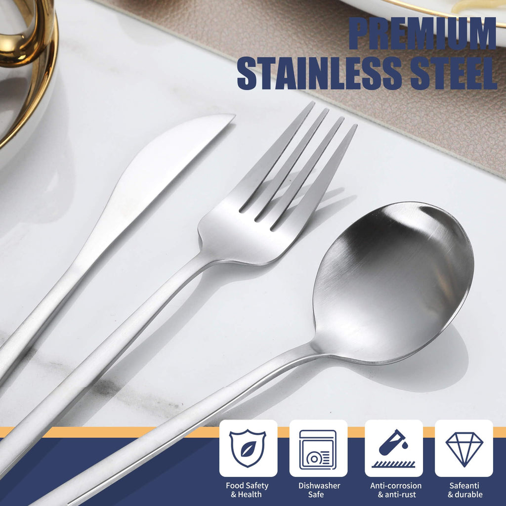 Matte Silverware Set, 30 Piece Stainless Steel Modern Flatware, Brushed Cutlery Service for 6, Satin Finish Utensils
