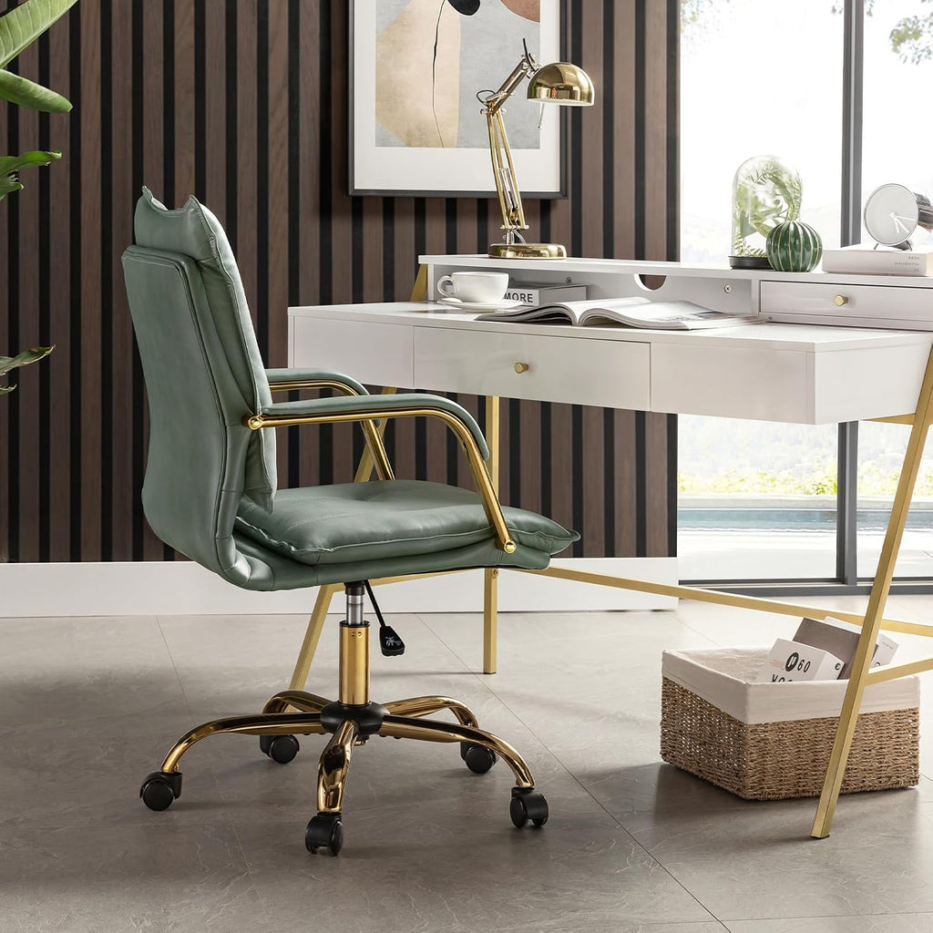 Faux Leather Home Office Desk Chair, Adjustable Swivel Computer Chair with Golden Legs and Arms, Comfy Upholstered
