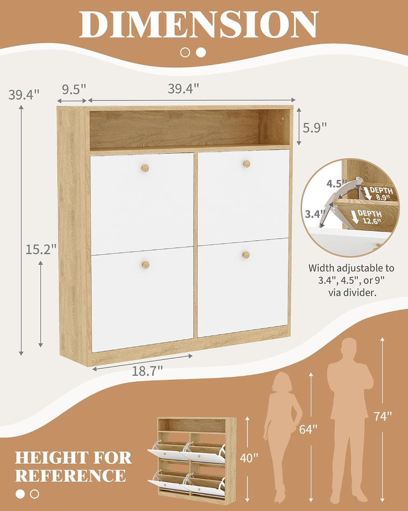 Narrow Shoe Cabinet with 4 Flip Drawers and Open Shelf, Freestanding Shoe Storage Cabinet , Compact Wooden Shoes
