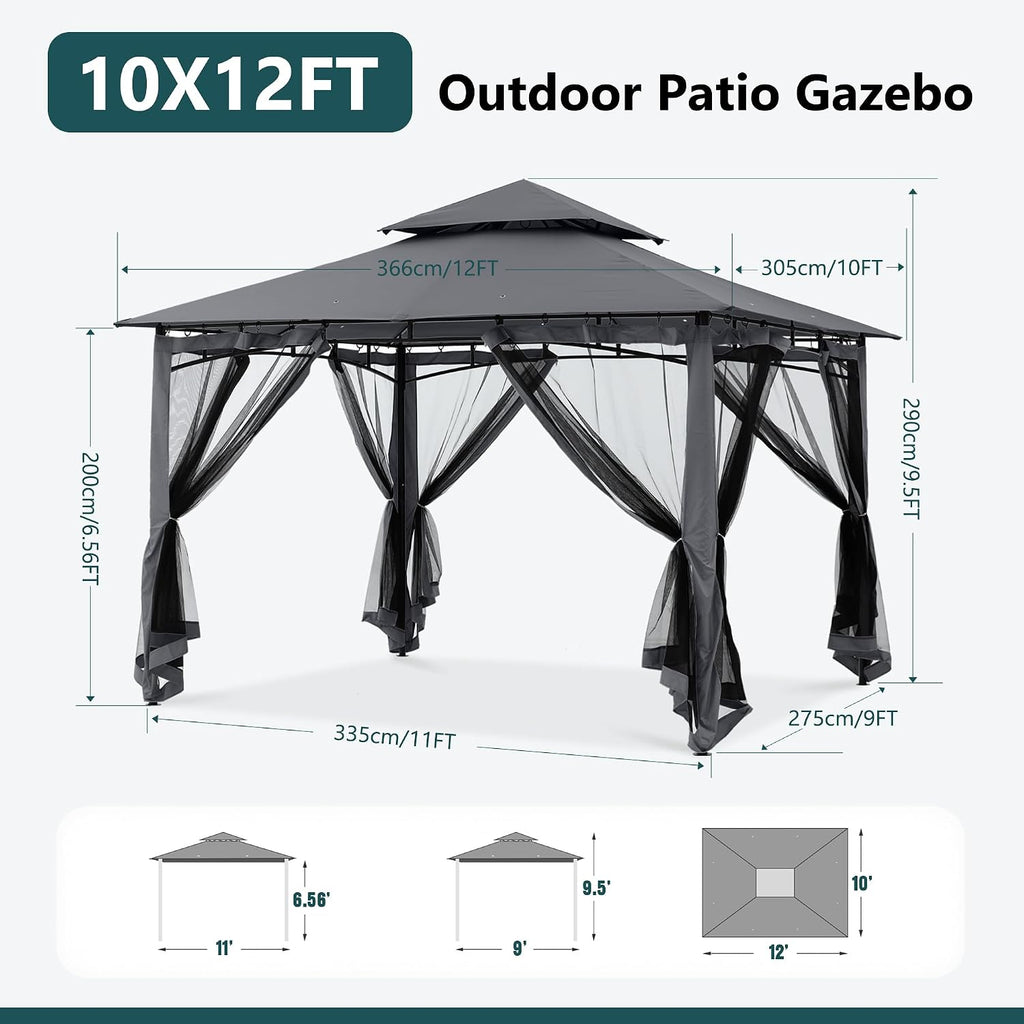 Heavy Duty Easy Fixed Steel Frame Patio Gazebo with Fade-Resistant Canopy & Rust-Resistant Frame, 10x12 ft, Dark Gray