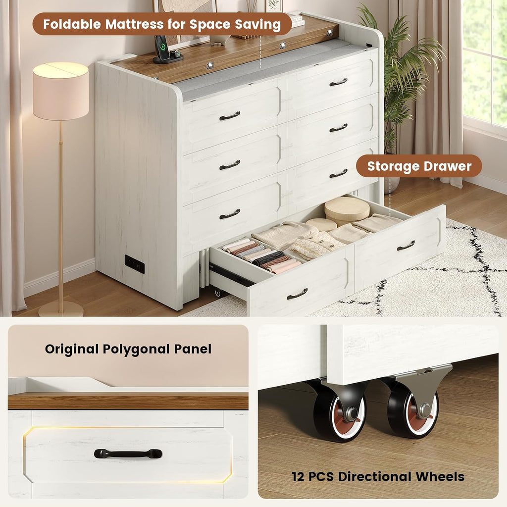 Queen Murphy Bed with 4" Trifold Mattress, Farmhouse Murphy Cabinet Bed with Storage Drawers, Charging Station & Hidden Compartment, Hideaway Bed Cabinet for Bedroom, Guest, Rustic White