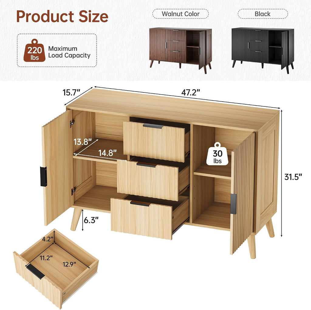 47.2" Fluted Sideboard Buffet Cabinet with 3 Drawers, Modern Sideboard Cabinet with Storage, Large Storage Cabinets