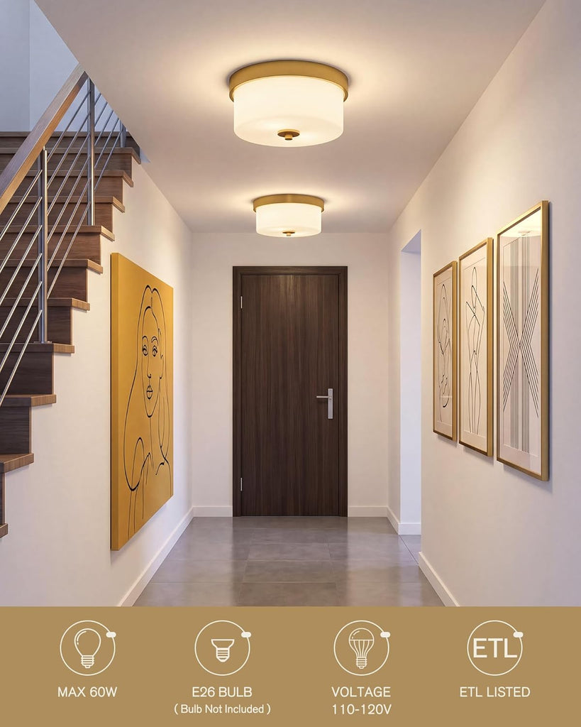 11 Inch Brushed Gold Flush Mount Ceiling Light Fixture, 2-Light Fixtures Ceiling Mount with Milk Glass Shades