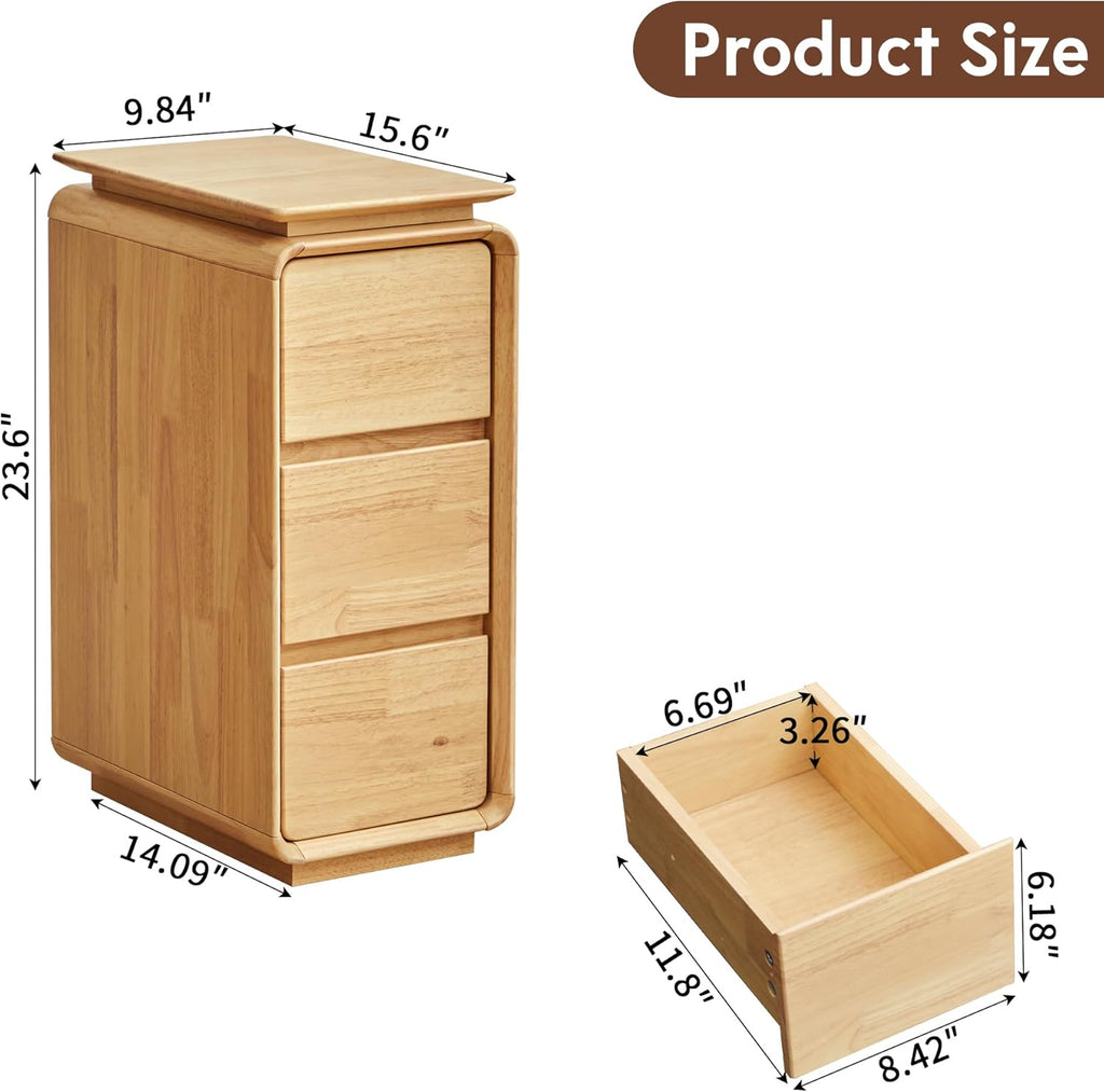 Solid Wood Nightstand, Fully Assembled Narrow Bedside Table with 3 Drawers & Hidden Handles, Mid-Century Modern End