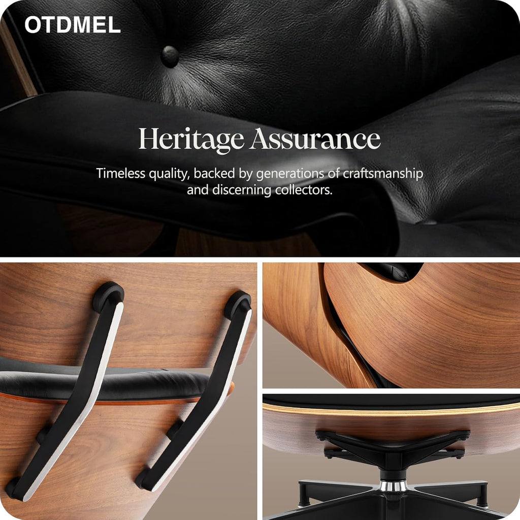 Mid-Century Modern Lounge Chair & Ottoman — Premium Top-Grain Leather, Walnut Base, Extended Chaise