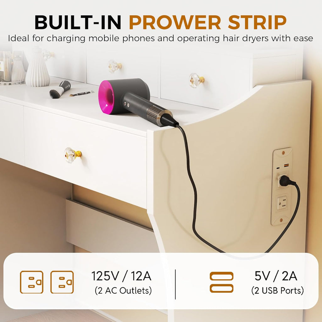 Makeup Vanity Desk with Mirror and Lights, Vanity Table and Chair Set with 5 Drawers & Charging Station, Bedroom