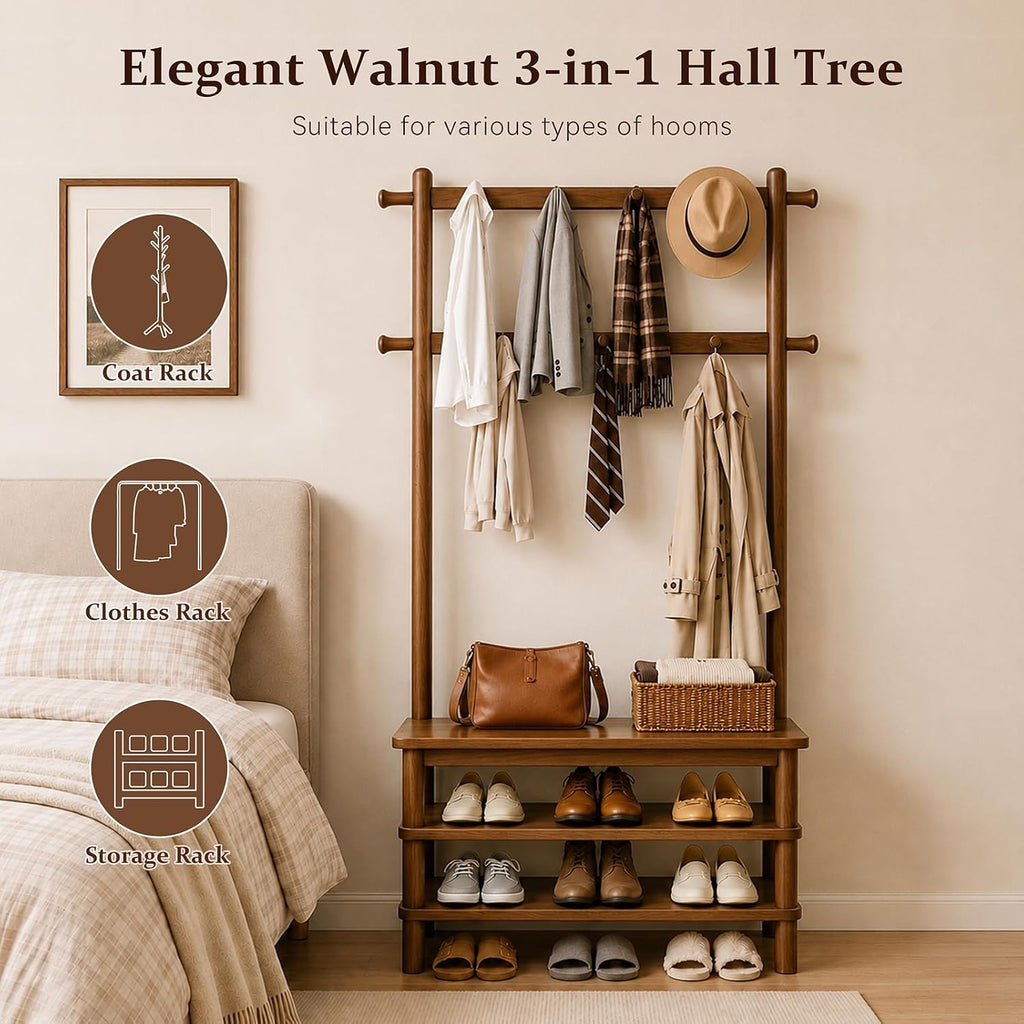 Hall Tree, 3-in-1 Entryway Bench with Coat Rack, 11 Hooks and 2-Tier Hall Tree with Shoe Storage Bench, Solid Wood