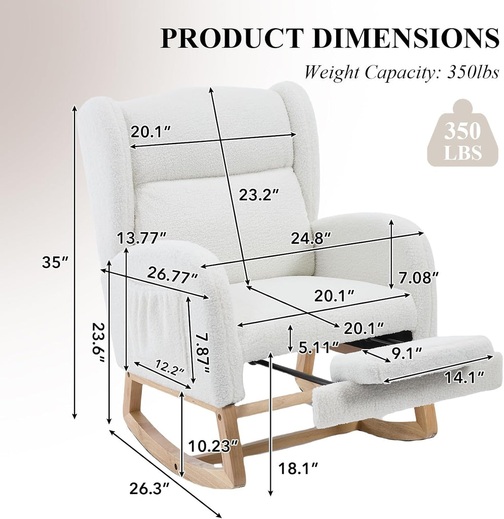 Nursery Rocking Chair with Footrest, Teddy Upholstered Glider Chair, Rocker Nursery Chair with Side Pocket, Glider