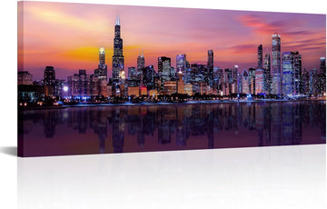 Large Chicago Canvas Modern City Skyline Wall Art Downtown Night Picture Prints Ready To Hang 20"X48"