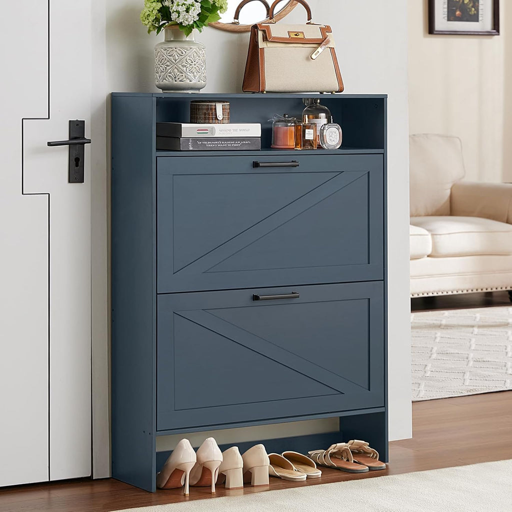 Shoe Cabinet Storage with 2 Flip Drawers Open Storage Layer Rack Narrow Organizer Slim Hidden Wood Shoe Cabinet