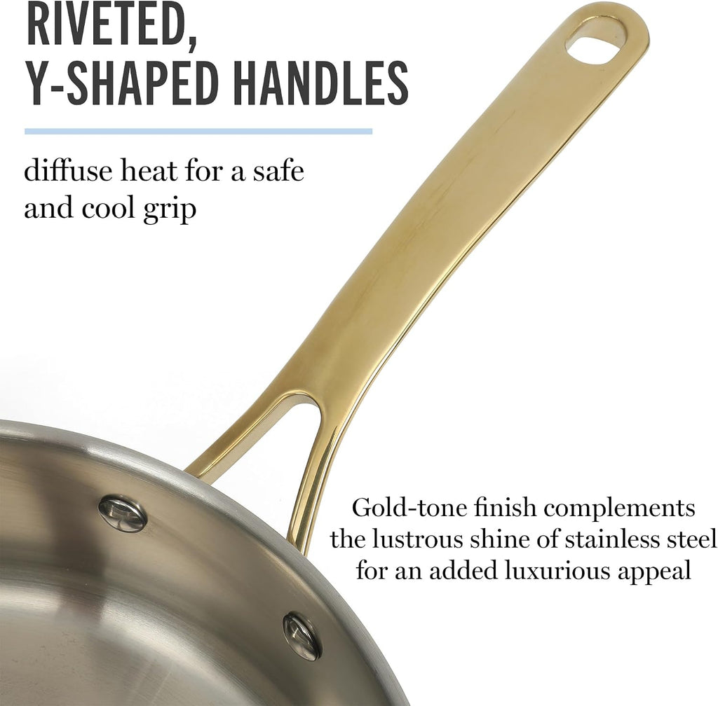 Castelle 10 Piece 18/8 Durable Stainless Steel Induction Safe Pots and Pans Non-Toxic Kitchen Cookware Set - Gold