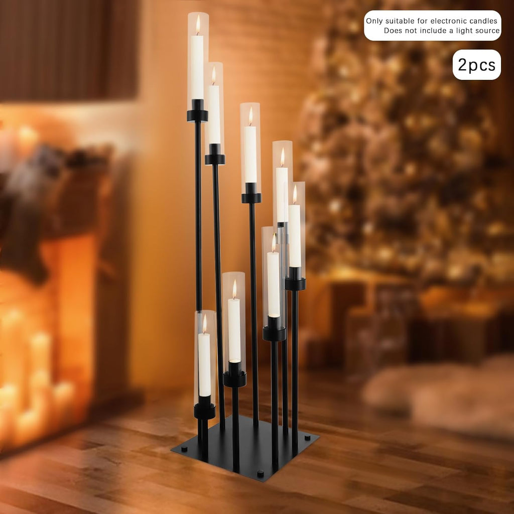 8-Arms Black Floor Candle Holder, Set of 2 Modern Candelabra with Acrylic Shades for Table Centerpiece, Home Decor