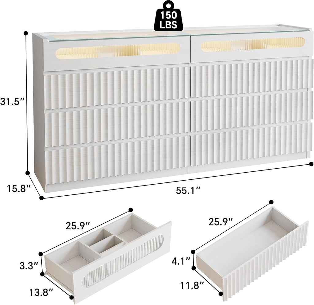 Fluted 8 Drawer Dresser,with LED Lights,Tempered Glass Panel,Drawer Dresser,Hidden Handles.Compartmentalized Storage