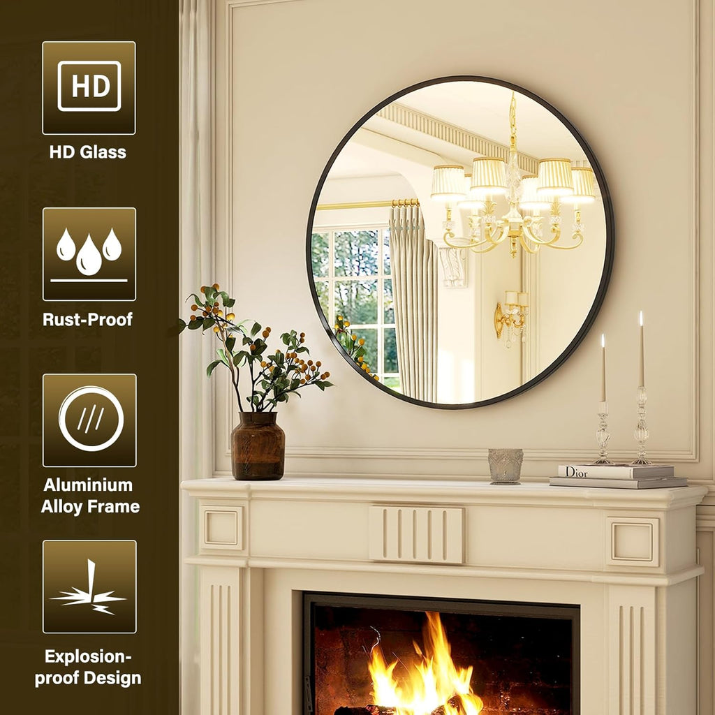 24 Inch Round Mirror - Circle Mirrors Wall Decor, Modern Hanging Vanity Mirror, Matte Black Circle Decorative Wall