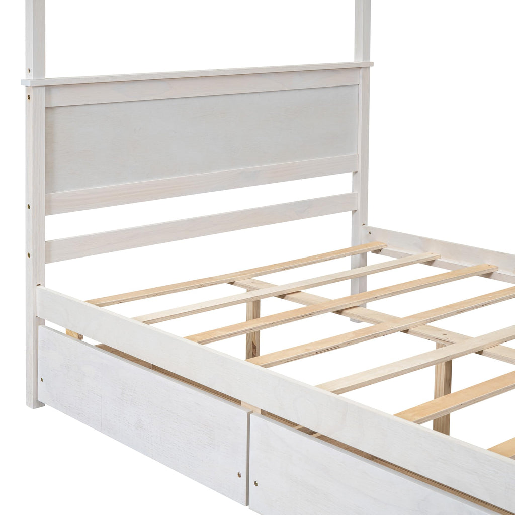 Full Size Canopy Platform Bed with 2 Drawers, Wooden Bed Frame with Support Slats, No Box Spring Needed, Brushed White