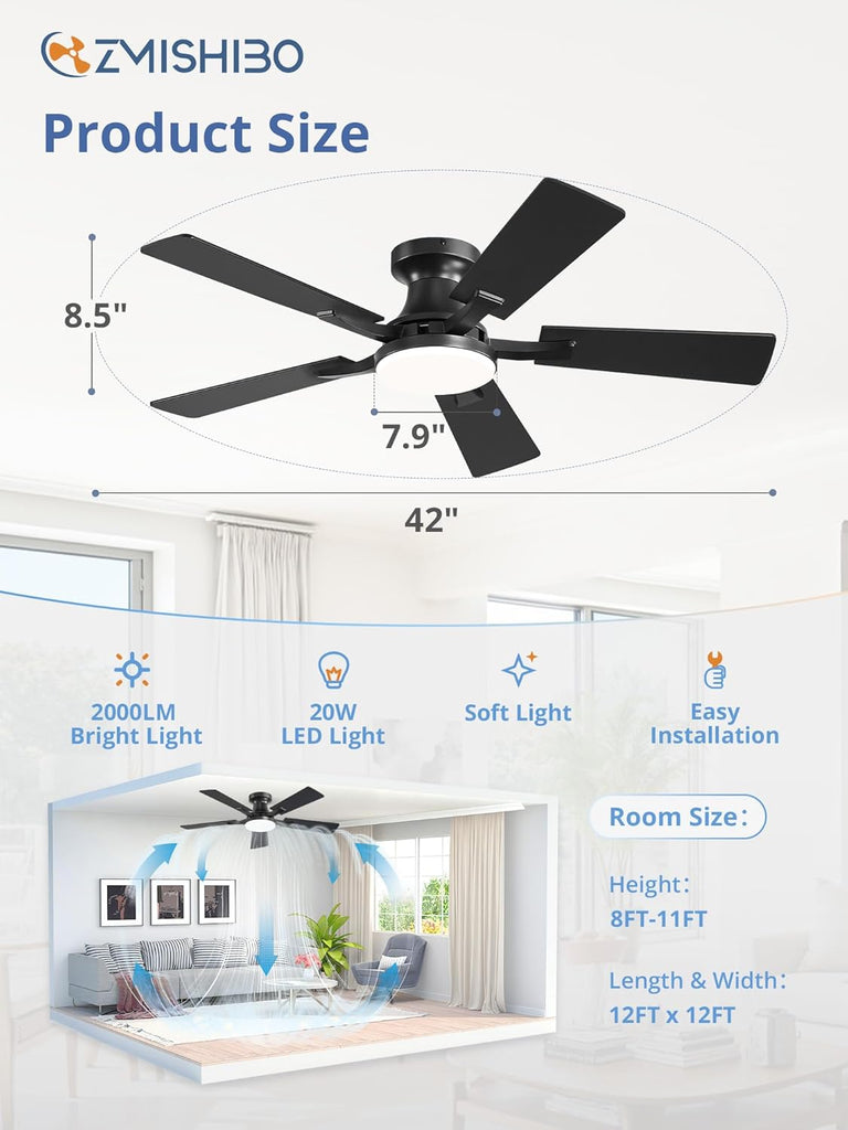 42 Inch Ceiling Fan with Light, App&Remote Control, Flush Mount Low Profile, Dimmable 20W LED Light, Quiet Reversible Motor for Bedroom, Living Room, Apartment, Black