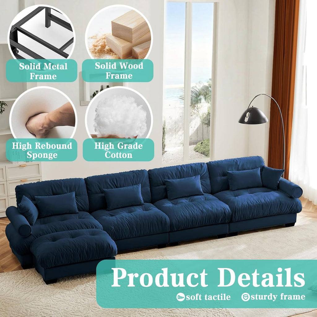 Sectional Couches , L Shaped Sofa Couch with Velvet Fabric, 4 Seat Modern Sofa with Ottoman, Removable Pillows , Blue