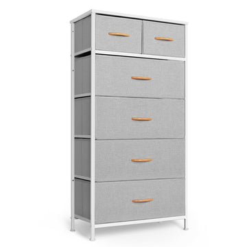 Tall, Vertical Storage Organizer Tower with 6 Drawers, Chest of Drawers with Fabric Bins, Steel Frame, Wood Top