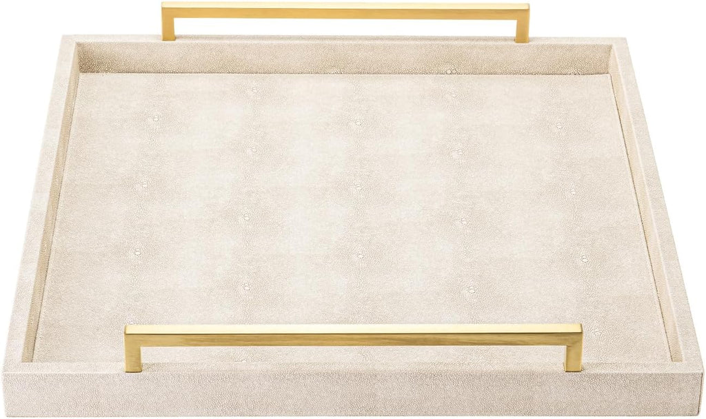 Large Ottoman Tray for Coffee Table,Square Shagreen Leather Decorative Tray with Gold Handles Decor