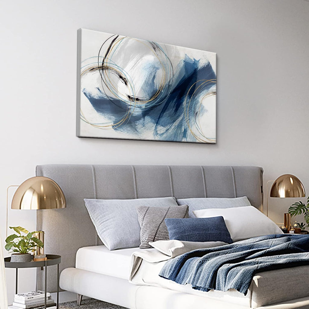 Indigo Blue and Gold Wall Decor Abstract Wall Art Paintings Gray Canvas Pictures Fantasy Graffiti Framed Artwork