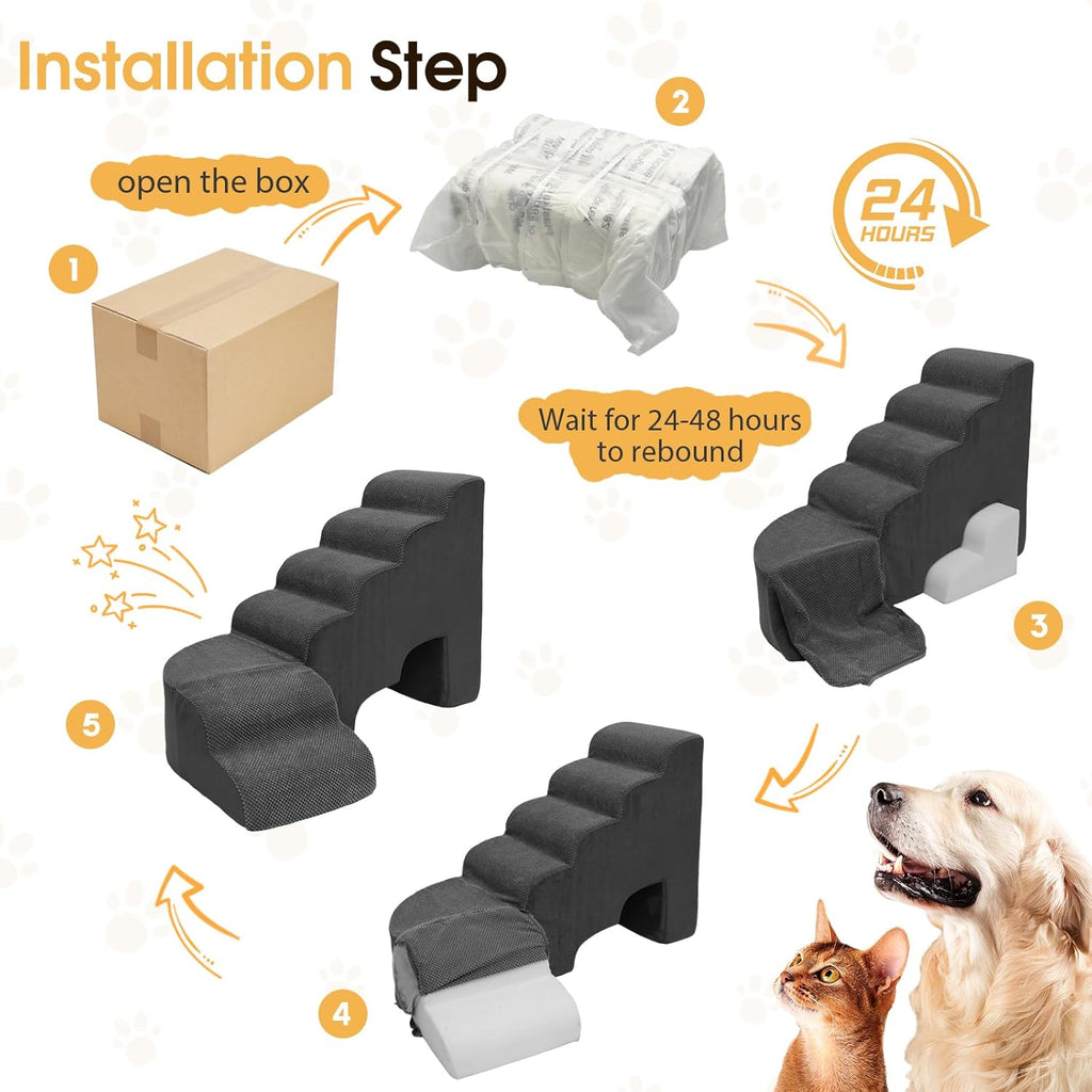 Dog Stairs for High Beds, 6 Steps Soft Foam Pet Stairs for Bed 27-30 inches, L Shaped Dog Steps