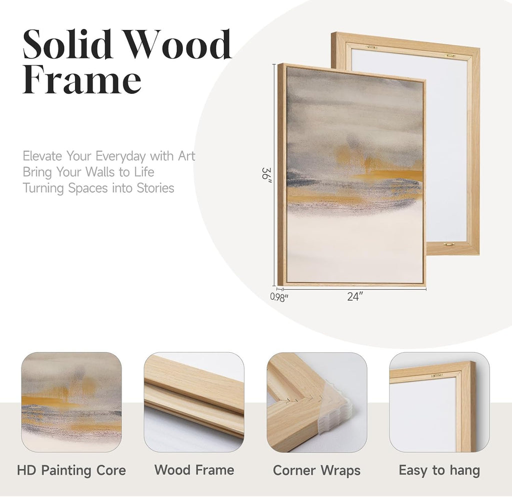 Framed Large Neutral Abstract Wall Art, Set of 3 Canvas Modern Prints Paintings, Minimalist Landscape Beige Gray