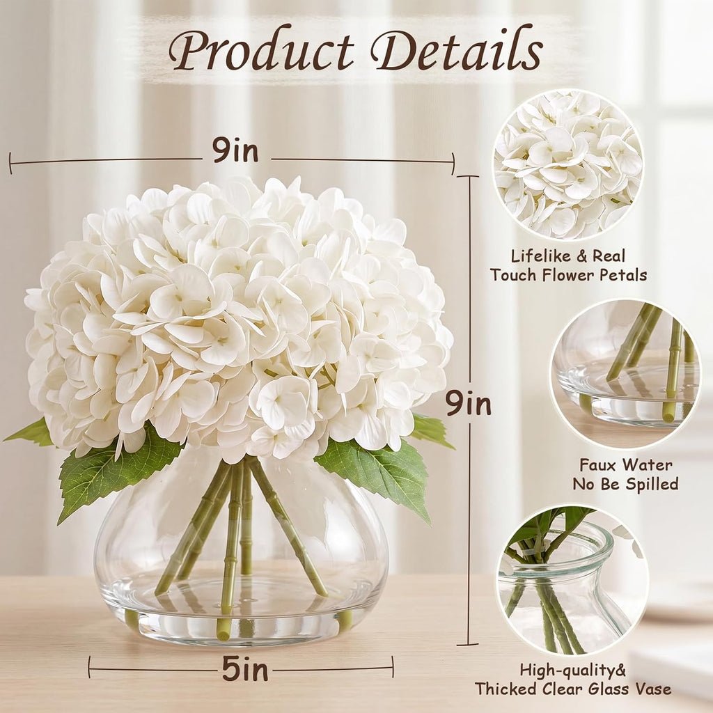 Real Touch Artificial Hydrangea in Vase,Premium Faux Flowers with Faux Water Decoration,Coffee,Table,Wedding,White