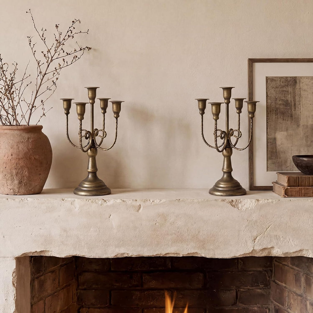 5 Arm Bronze Candelabra Candle Holder Set of 3, 11.7" Vintage Metal Candlestick Holders for Taper Candles Elegant