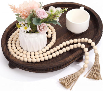 16" x 11.8" Oval Wood Decorative Tray with 58" Wood Bead Garland, Beaded Coffee Table Decor Tray with Legs, Rustic