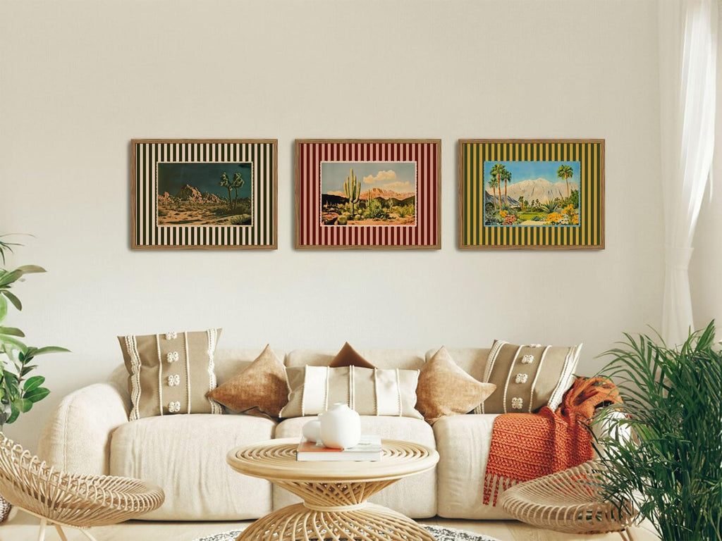 Framed Vintage Western Landscape Wall Art Set of 3, Striped Postcards Southwest Desert Cactus Pictures Wall Decor