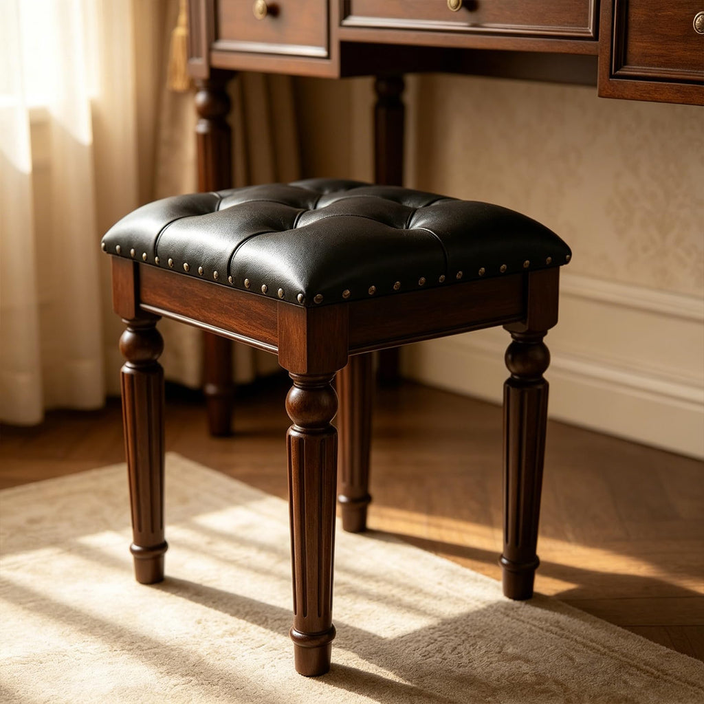 Black Faux Leather Vanity Stool, Backless, Victorian Style