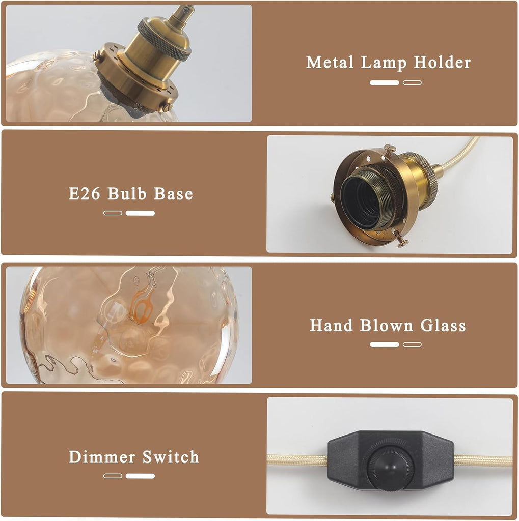 Plug in Pendant Light, Amber Brown Glass Chandelier Hanging Light Fixture for Dining Room