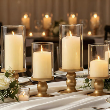4Pcs Hurricane Candle Holder for Pillar Candles, Gold Candle Holders with Clear Glass Sleeve for Table