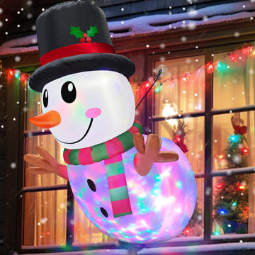 [ Rotating Colorful Magic Lights ] 4 Ft Christmas Inflatable Snowman Lean Out from Window Outdoor Christmas