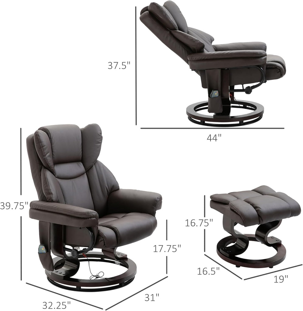 Modern Reclining Swivel Lounge Chair and Ottoman — Brown Faux Leather