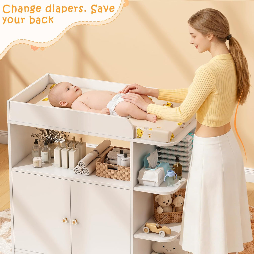 Changing Table Dresser, Baby Dresser with Changing Table Top, Diaper Changing Station with Large Cabinet, 4 Open