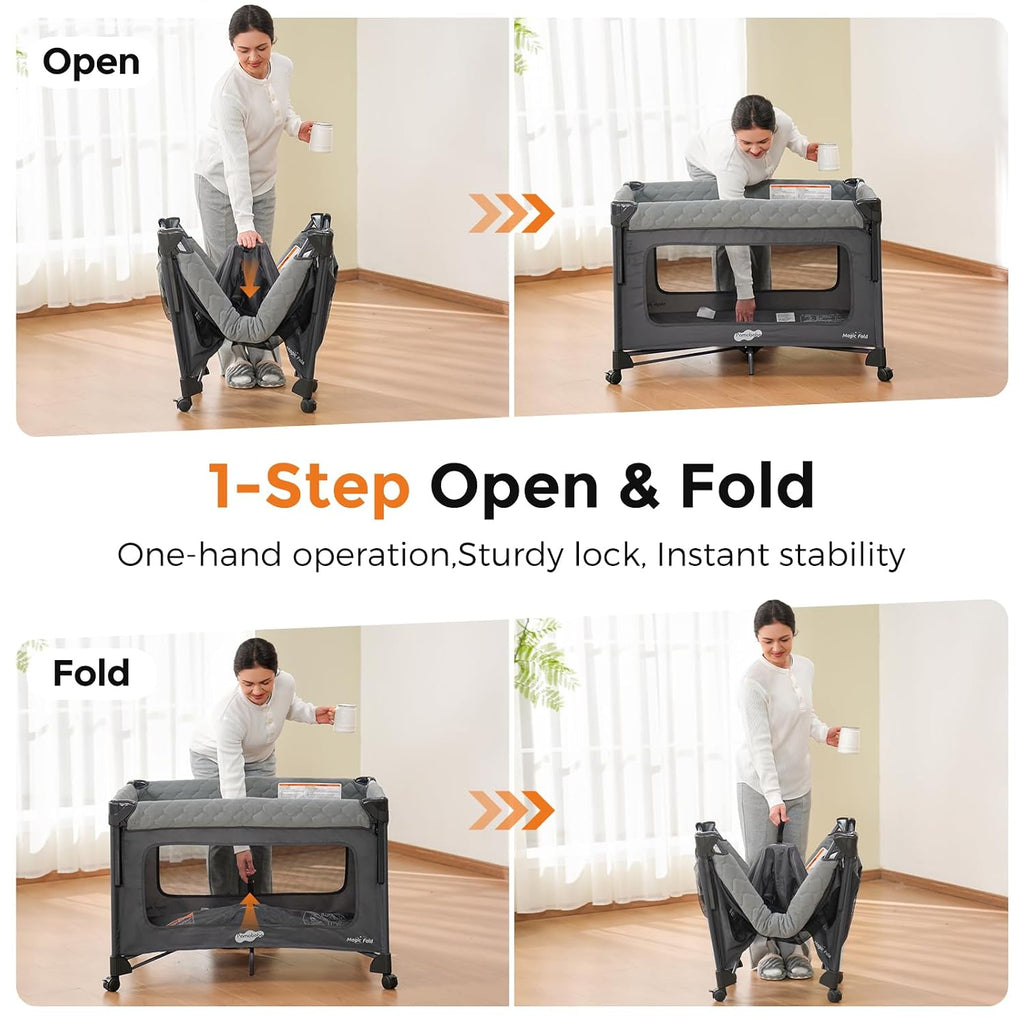 Pack and Play with Bassinet - 7 in 1 One-Step Setup Bedside Crib, Portable Playpen, Travel Crib, Baby Playard with